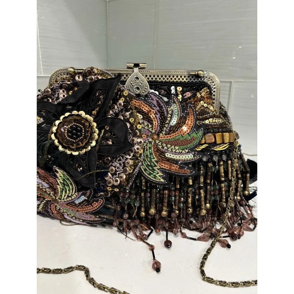 Chico's Vintage Beaded Peacock Feather Clutch Bag Sequin Fringe Y2KGlam BohoChic